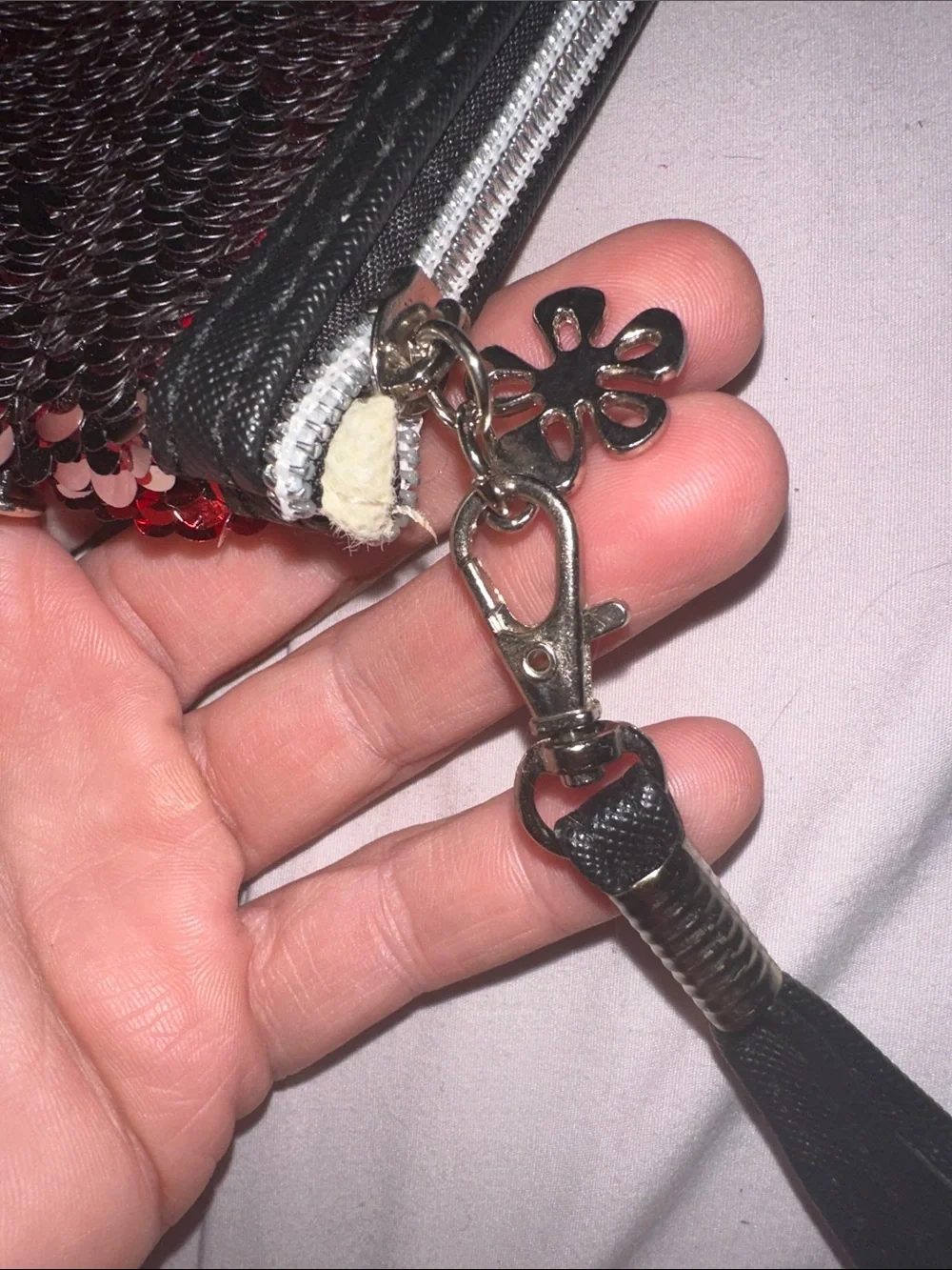 Amazon Red and Silver Sequin Wristlet Pouch flower silver charm like new cute